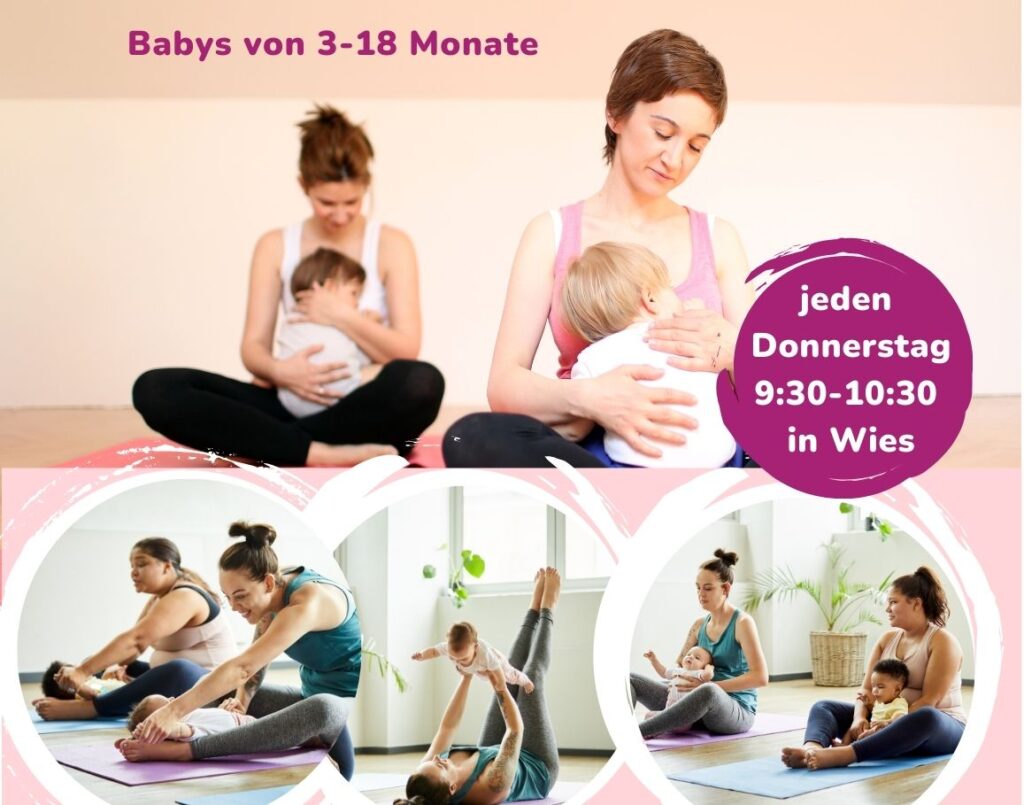 Mamas machen mit ihren einjährigen Babys Yoga